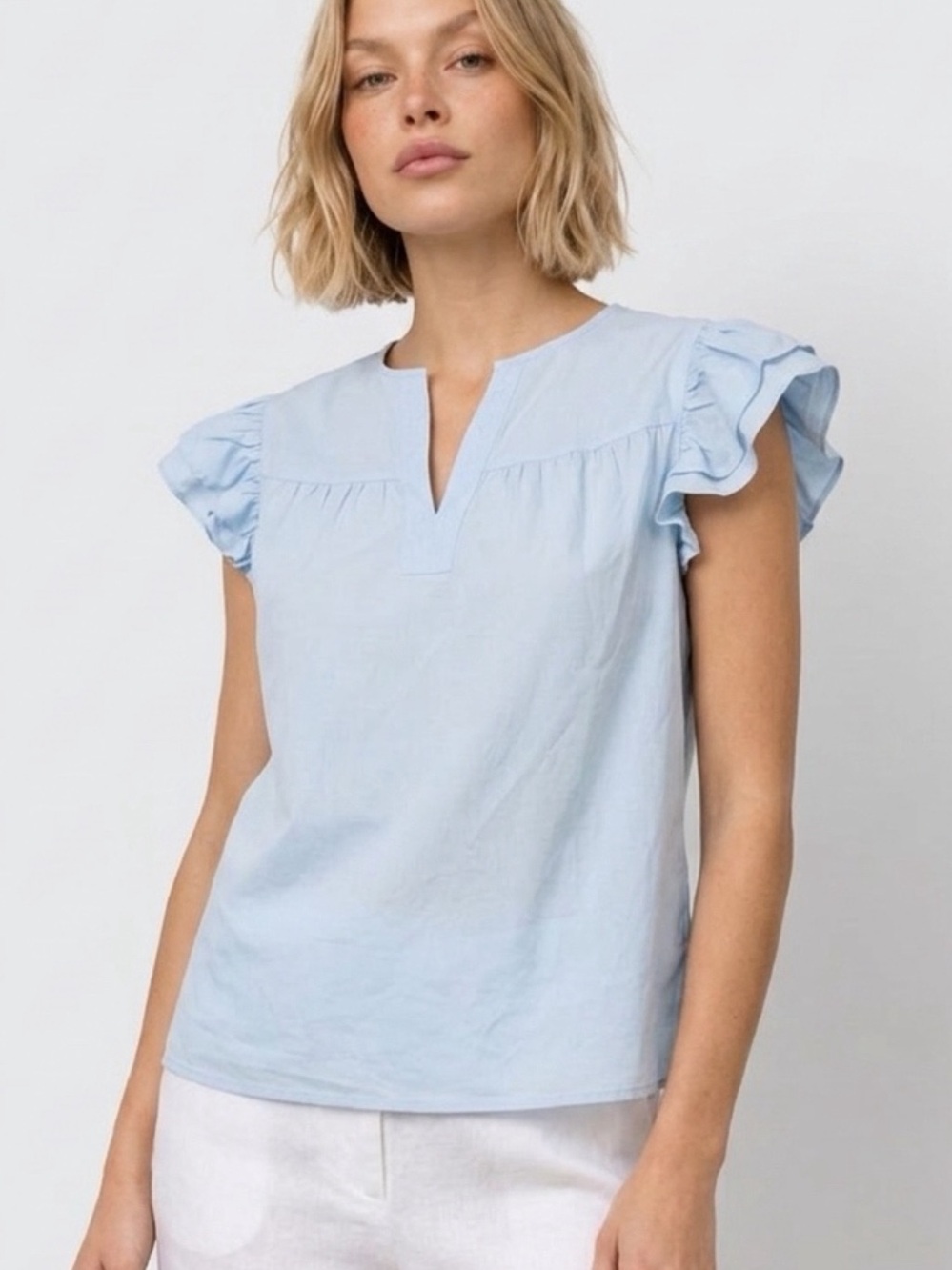 Marc New York Light Blue Ruffle Sleeve V-Notch Top